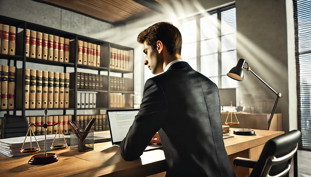 A professional pro bono attorney sitting at a desk in a modern office, viewed entirely from the back. The attorney is workin